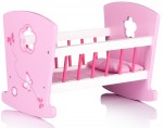 White and pink wooden doll cradle 