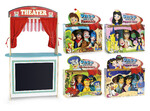  Wooden theater and shop - 2 in 1 - with groceries and set of 16 fairy tale puppets