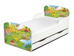 Wooden bed for children - Dino UV print - with a drawer and 140x70 mattress