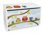 Large XXL wheeled wooden toy box with stool seat - Owls