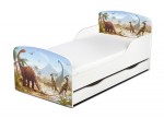 Wooden bed for children - Jurassic UV print - with a drawer and 140x70 mattress