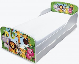 Wooden bed for children - Jungle Animals UV print - with a drawer and 140x70 mattress
