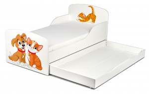 Wooden bed for children - Cat and Dog UV print - with a drawer and 140x70 mattress