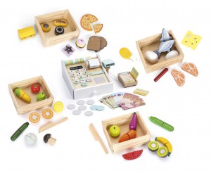 Wooden food mix with fruit, vegetables, fish, meat and pizza  + wooden cash register