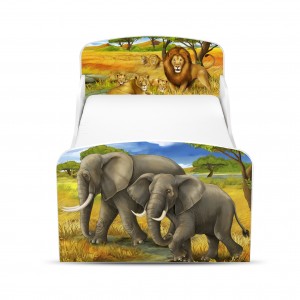 Wooden bed for children - Safari UV print - with a 140x70 mattress