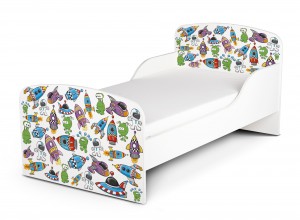 Wooden bed for children - UFO UV print - with a 140x70 mattress