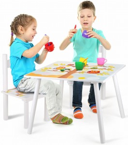 White wooden table and 2 chairs - Owls