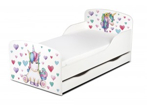 Wooden bed for children - Unicorn UV print - with a drawer and 140x70 mattress