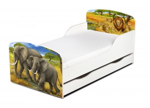 Wooden bed for children - Safari UV print - with a drawer and 140x70 mattress
