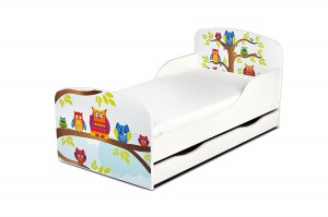 Wooden bed for children - Owls UV print - with a drawer and 140x70 mattress