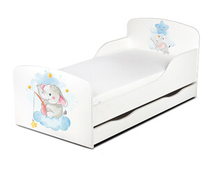 Wooden bed for children - Elephant UV print - with a drawer and 140x70 mattress 