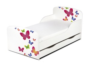Wooden bed for children - Buterflies UV print - with a drawer and 140x70 mattress