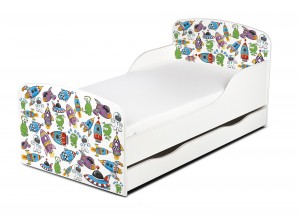 Wooden bed for children - UFO UV print - with a drawer and 140x70 mattress