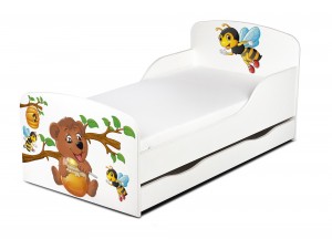Wooden bed for children - Teddy Bear and Bees UV print - with a drawer and 140x70 mattress