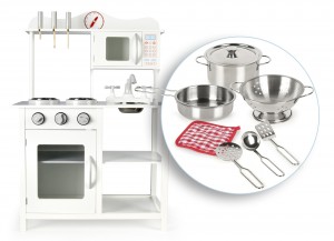 White wooden kitchen - White Classic - with microwave + set of metal pots and accessories