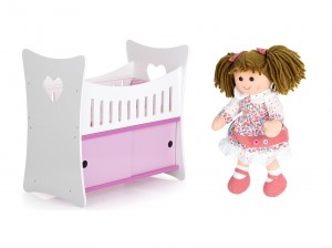 White and pink wooden doll bed with cabinet + doll B